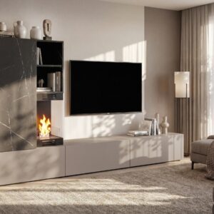 Ensemble TV mural Gina avec cheminée – gris argile et effet marbre noir – 270 x 40 x 158 cm