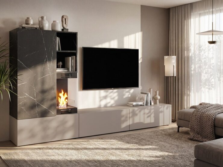 Ensemble TV mural Gina avec cheminée – gris argile et effet marbre noir – 270 x 40 x 158 cm
