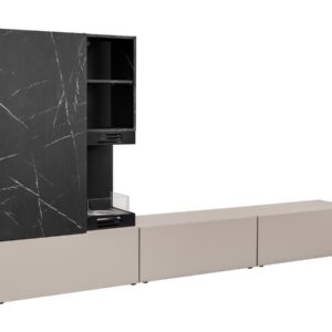 Ensemble TV mural Gina avec cheminée – gris argile et effet marbre noir – 270 x 40 x 158 cm
