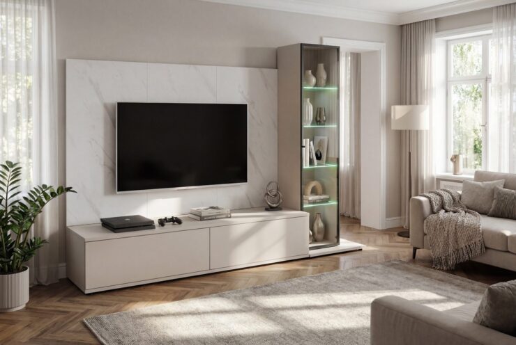 Ensemble TV mural Glam – cachemire, effet marbre blanc – 180 x 45 x 155 cm