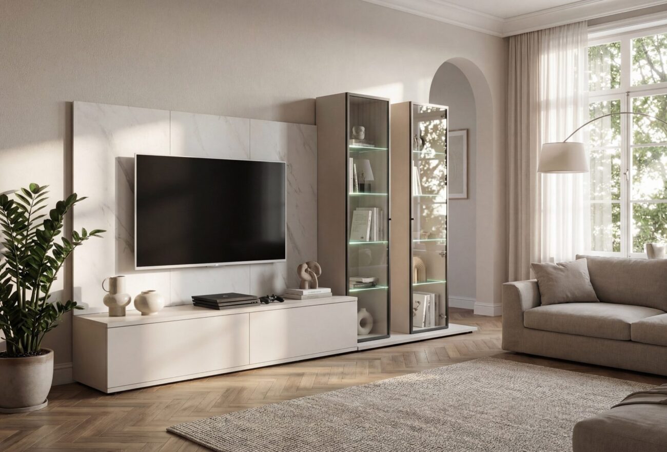 Ensemble TV mural Glam II – cachemire, effet marbre blanc – 300 x 45 x 175 cm