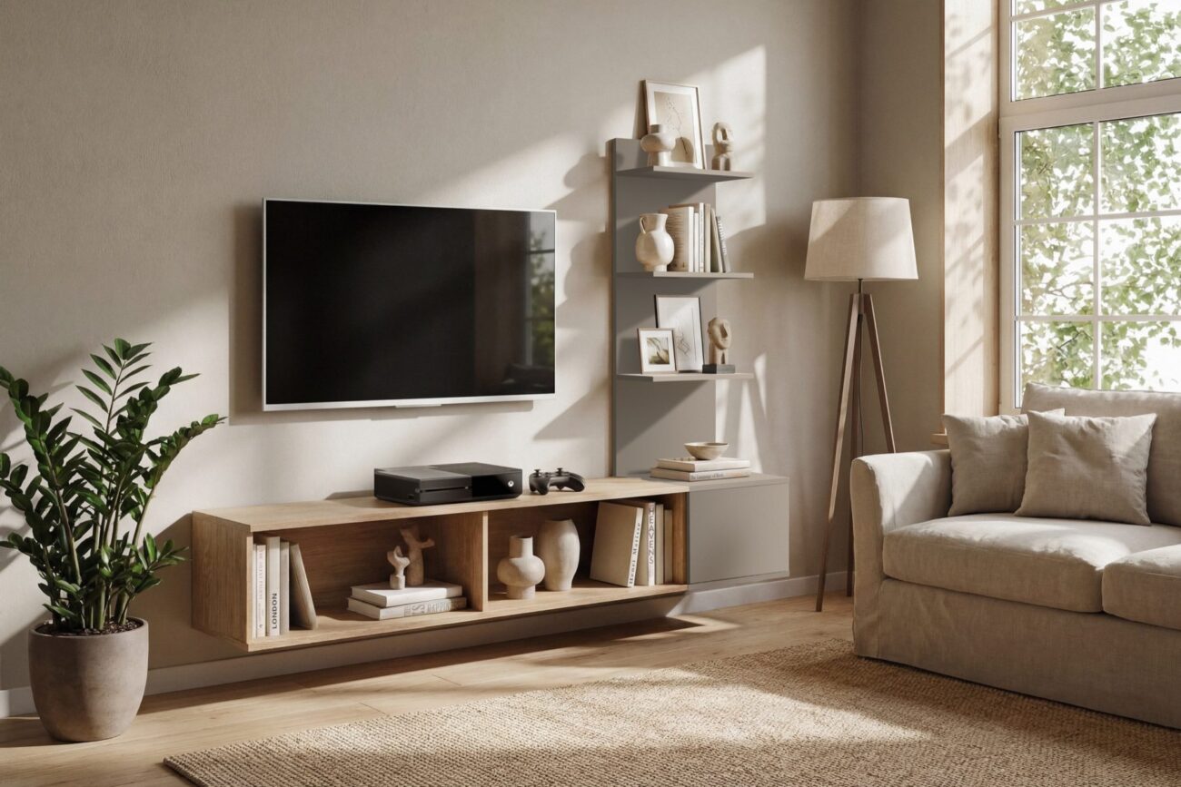 Ensemble TV mural Joy – chêne Cremona, gris argile – 180 x 40 x 130 cm