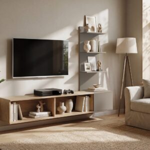 Ensemble TV mural Joy – chêne Cremona, gris argile – 180 x 40 x 130 cm