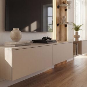 Ensemble TV mural Luzz – gris argile, chêne Coast Evoke – 220 x 40 x 160 cm