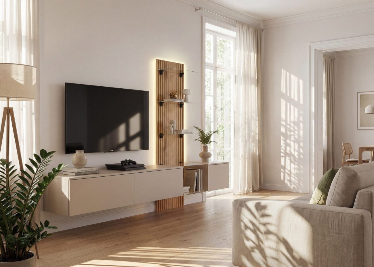 Ensemble TV mural Luzz – gris argile, chêne Coast Evoke – 220 x 40 x 160 cm