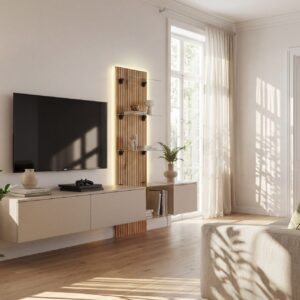 Ensemble TV mural Luzz – gris argile, chêne Coast Evoke – 220 x 40 x 160 cm