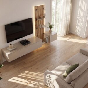 Ensemble TV mural Luzz – gris argile, chêne Coast Evoke – 220 x 40 x 160 cm