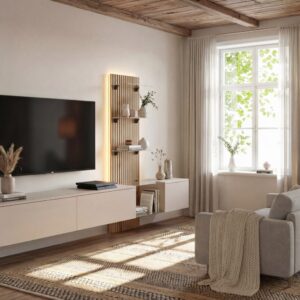Ensemble TV mural Luzz – gris argile, chêne Coast Evoke – 220 x 40 x 160 cm