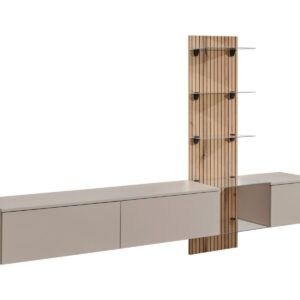 Ensemble TV mural Luzz – gris argile, chêne Coast Evoke – 220 x 40 x 160 cm