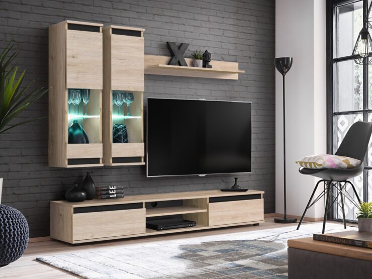 Ensemble TV mural Modo – hickory Jackson et noir – 175 x 37 x 150 cm
