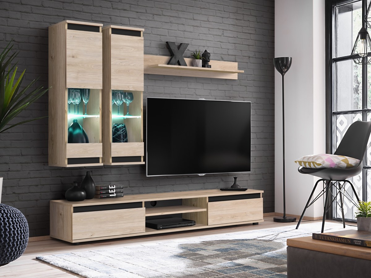 Ensemble TV mural Modo – hickory Jackson et noir – 175 x 37 x 150 cm
