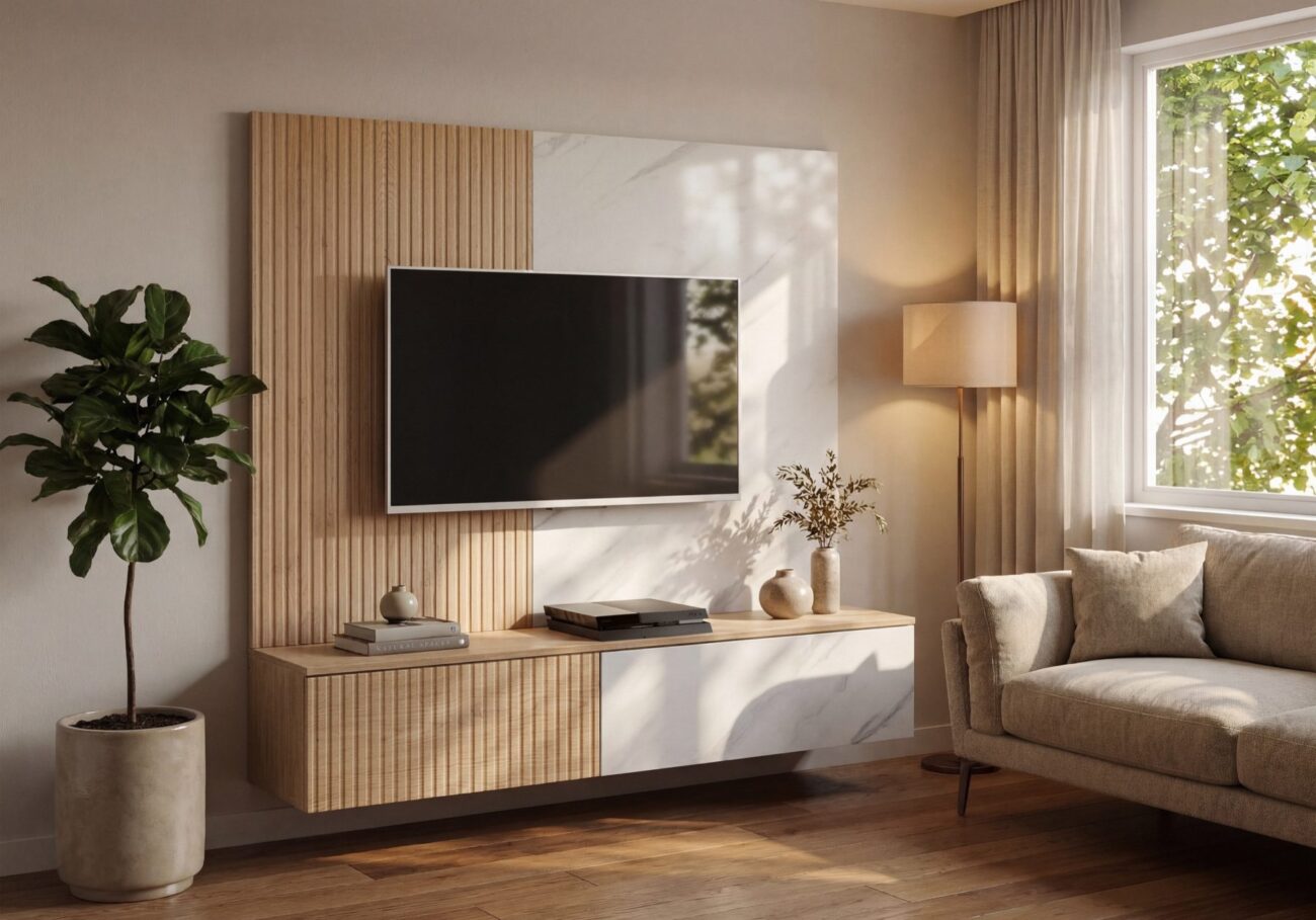 Ensemble TV mural Noir 1 – chêne Cremona, effet marbre blanc – 160 x 35 x 148 cm