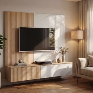 Ensemble TV mural Noir 1 – chêne Cremona, effet marbre blanc – 160 x 35 x 148 cm