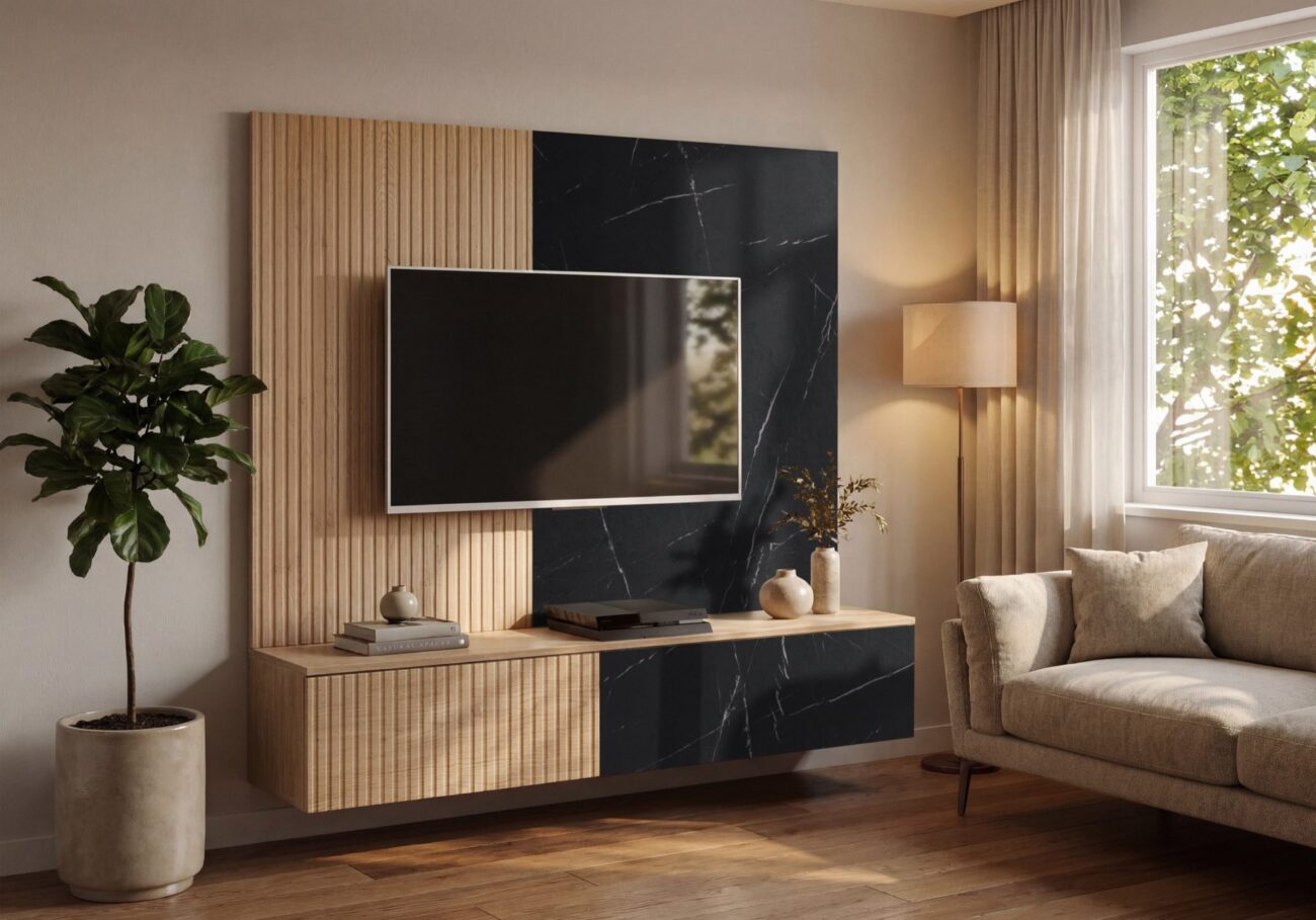 Ensemble TV mural Noir 1 – chêne Cremona, effet marbre noir – 160 x 35 x 148 cm