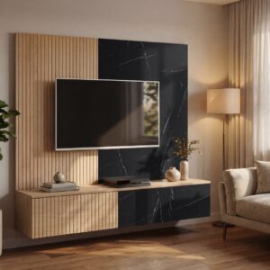 Ensemble TV mural Noir 1 – chêne Cremona, effet marbre noir – 160 x 35 x 148 cm