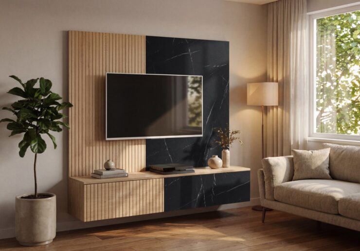 Ensemble TV mural Noir 1 – chêne Cremona, effet marbre noir – 160 x 35 x 148 cm