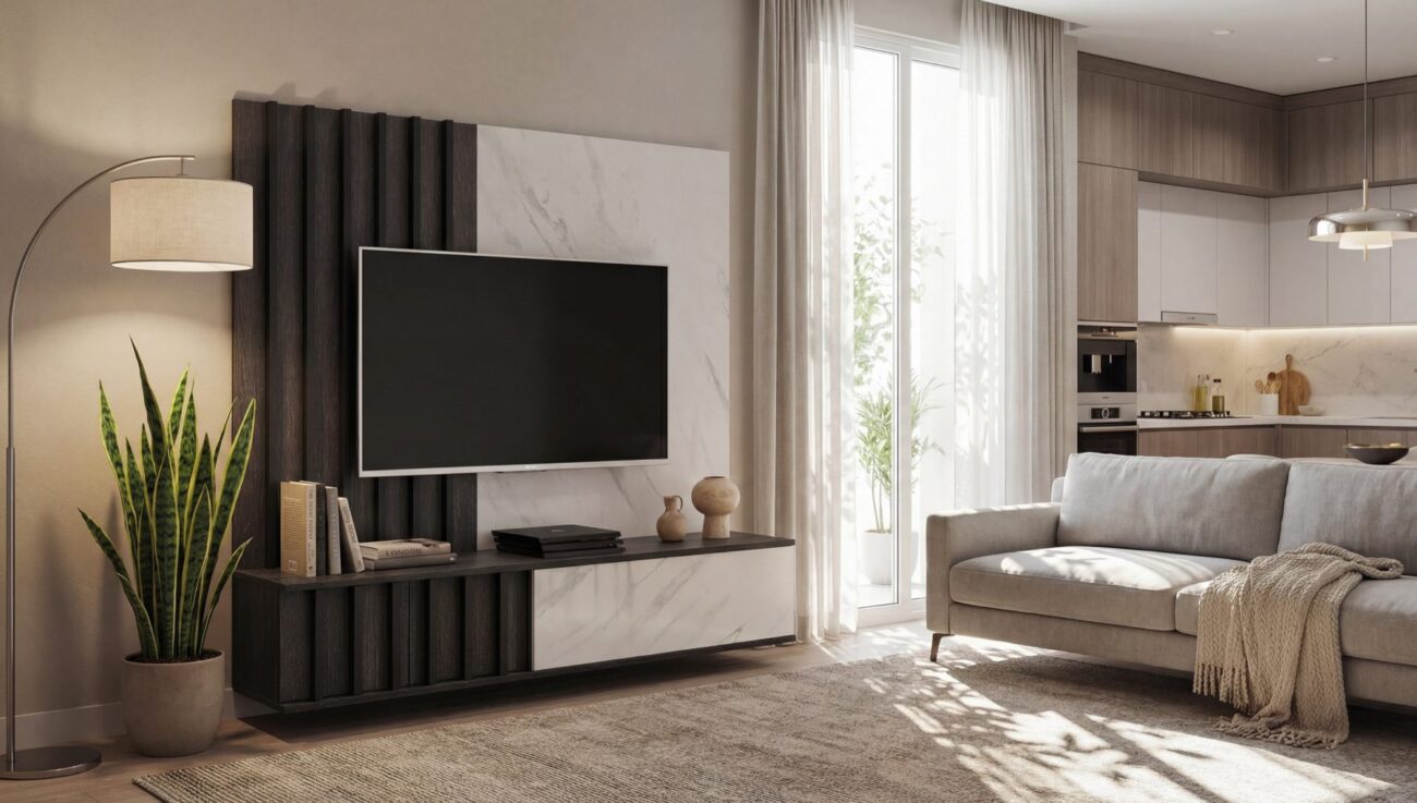 Ensemble TV mural Noir 2 – chêne graphite, effet marbre blanc – 160 x 35 x 148 cm