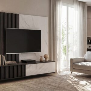 Ensemble TV mural Noir 2 – chêne graphite, effet marbre blanc – 160 x 35 x 148 cm