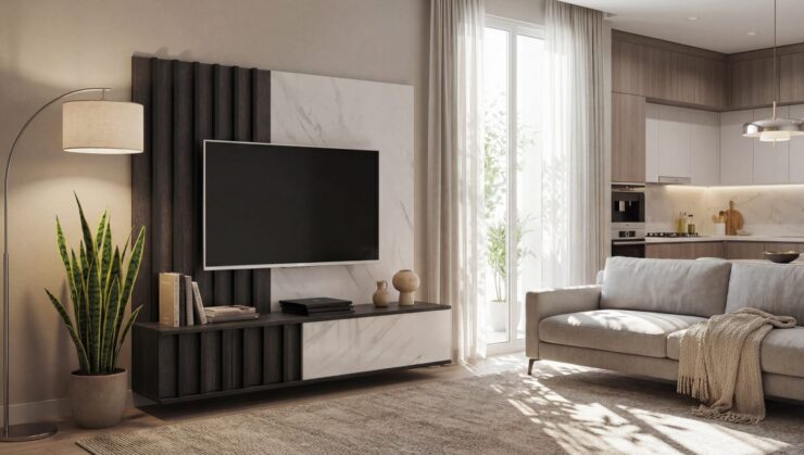 Ensemble TV mural Noir 2 – chêne graphite, effet marbre blanc – 160 x 35 x 148 cm