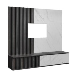 Ensemble TV mural Noir 2 – chêne graphite, effet marbre blanc – 160 x 35 x 148 cm