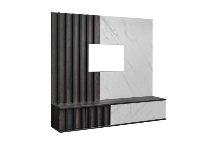 Ensemble TV mural Noir 2 – chêne graphite, effet marbre blanc – 160 x 35 x 148 cm