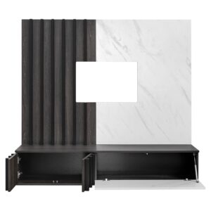 Ensemble TV mural Noir 2 – chêne graphite, effet marbre blanc – 160 x 35 x 148 cm