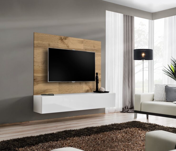 Ensemble TV mural Switch PR1 – chêne Wotan, blanc – 180 x 40 x 148 cm