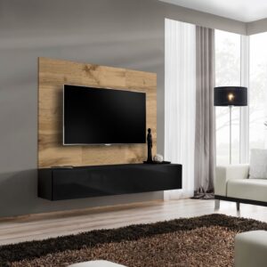 Ensemble TV mural Switch PR1 – chêne Wotan, noir – 180 x 40 x 148 cm