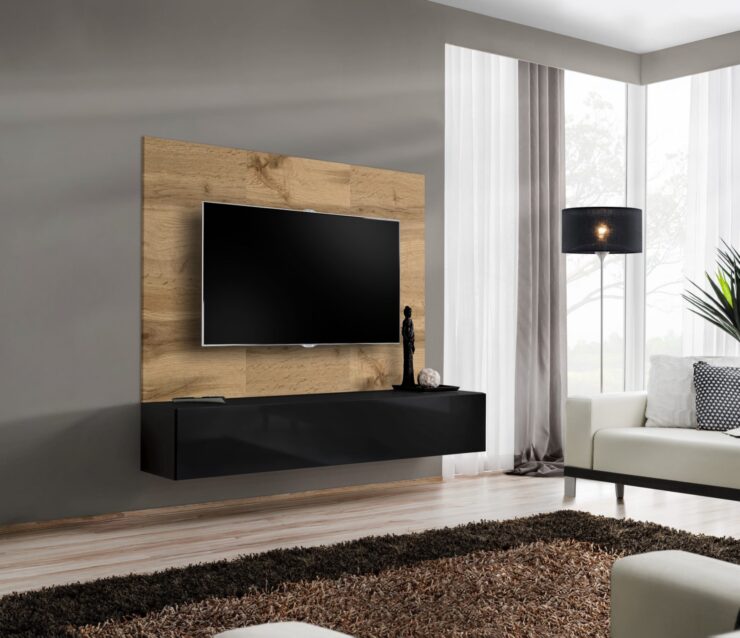 Ensemble TV mural Switch PR1 – chêne Wotan, noir – 180 x 40 x 148 cm