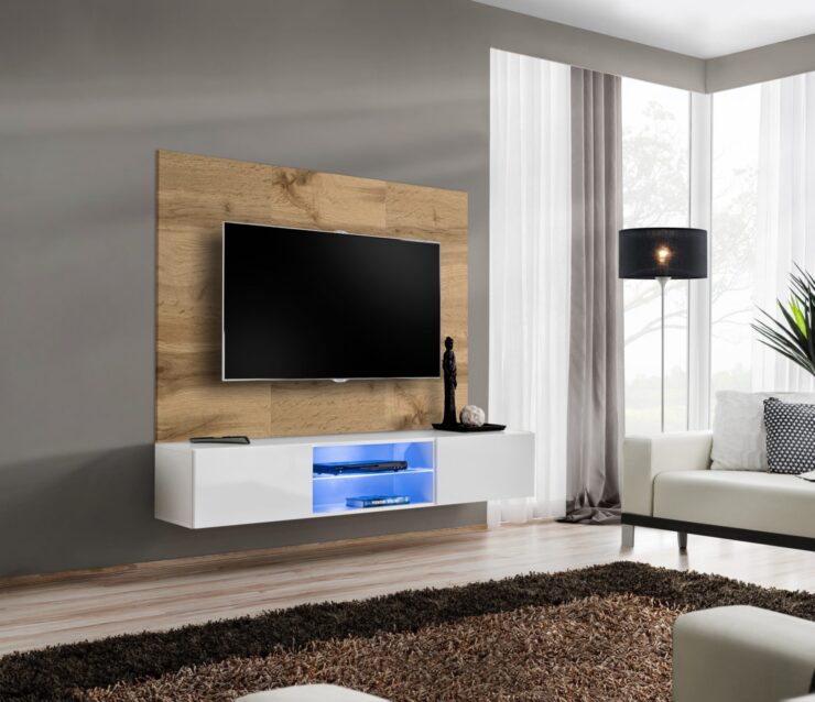 Ensemble TV mural Switch PR3 – chêne Wotan, blanc – 180 x 40 x 148 cm