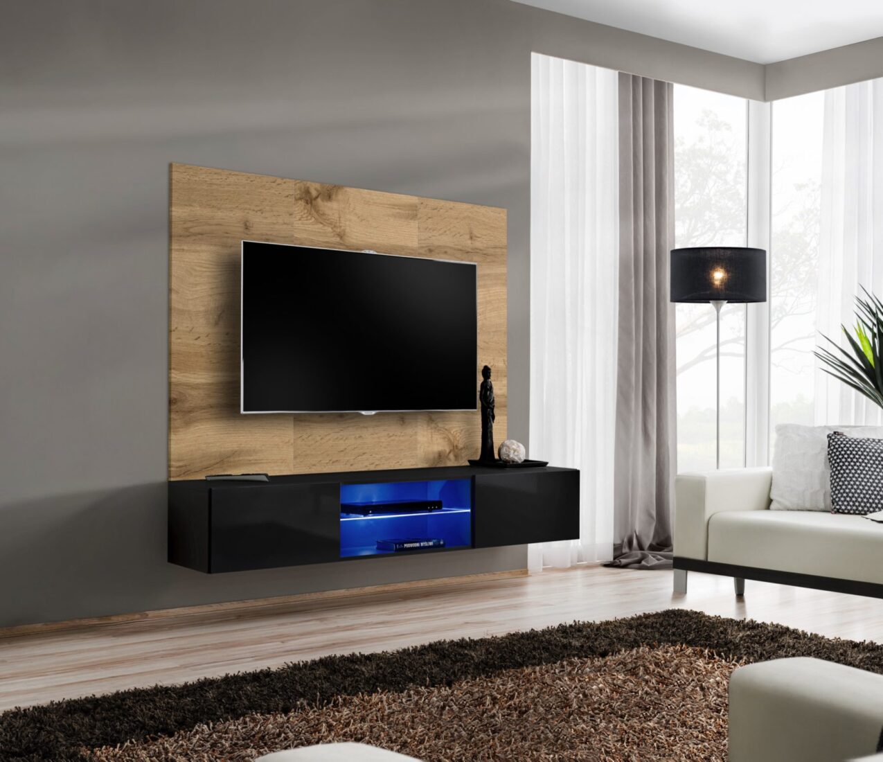 Ensemble TV mural Switch PR3 – chêne Wotan, noir – 180 x 40 x 148 cm