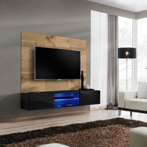 Ensemble TV mural Switch PR3 – chêne Wotan, noir – 180 x 40 x 148 cm