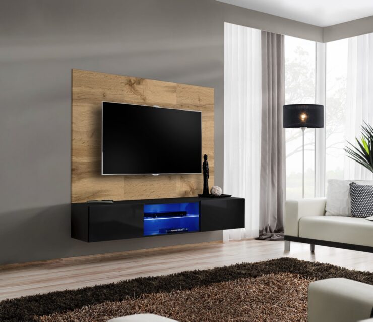 Ensemble TV mural Switch PR3 – chêne Wotan, noir – 180 x 40 x 148 cm