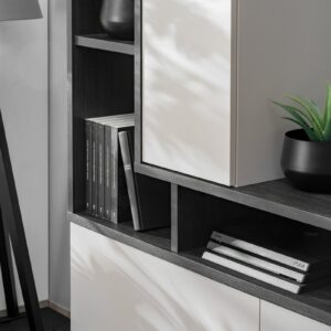 Ensemble TV mural Tytan – chêne graphite et cachemire – 210 x 35 x 140 cm