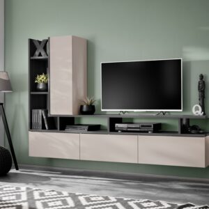 Ensemble TV mural Tytan – chêne graphite et cachemire – 210 x 35 x 140 cm