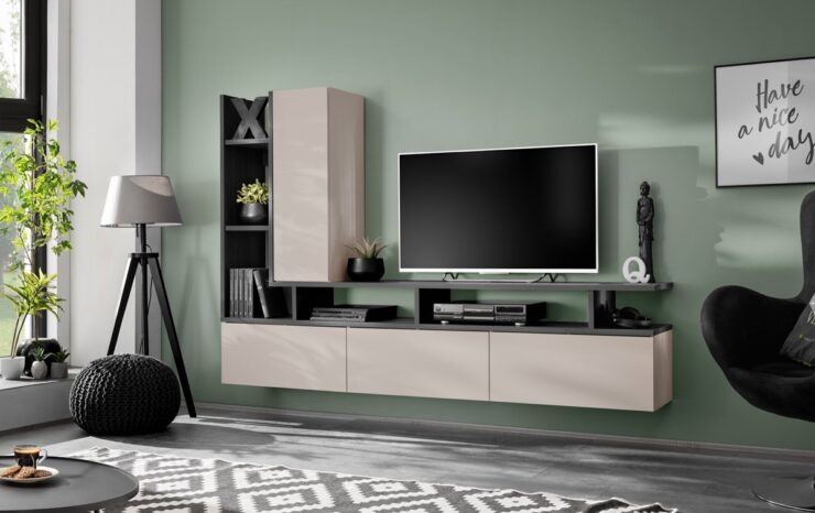 Ensemble TV mural Tytan – chêne graphite et cachemire – 210 x 35 x 140 cm