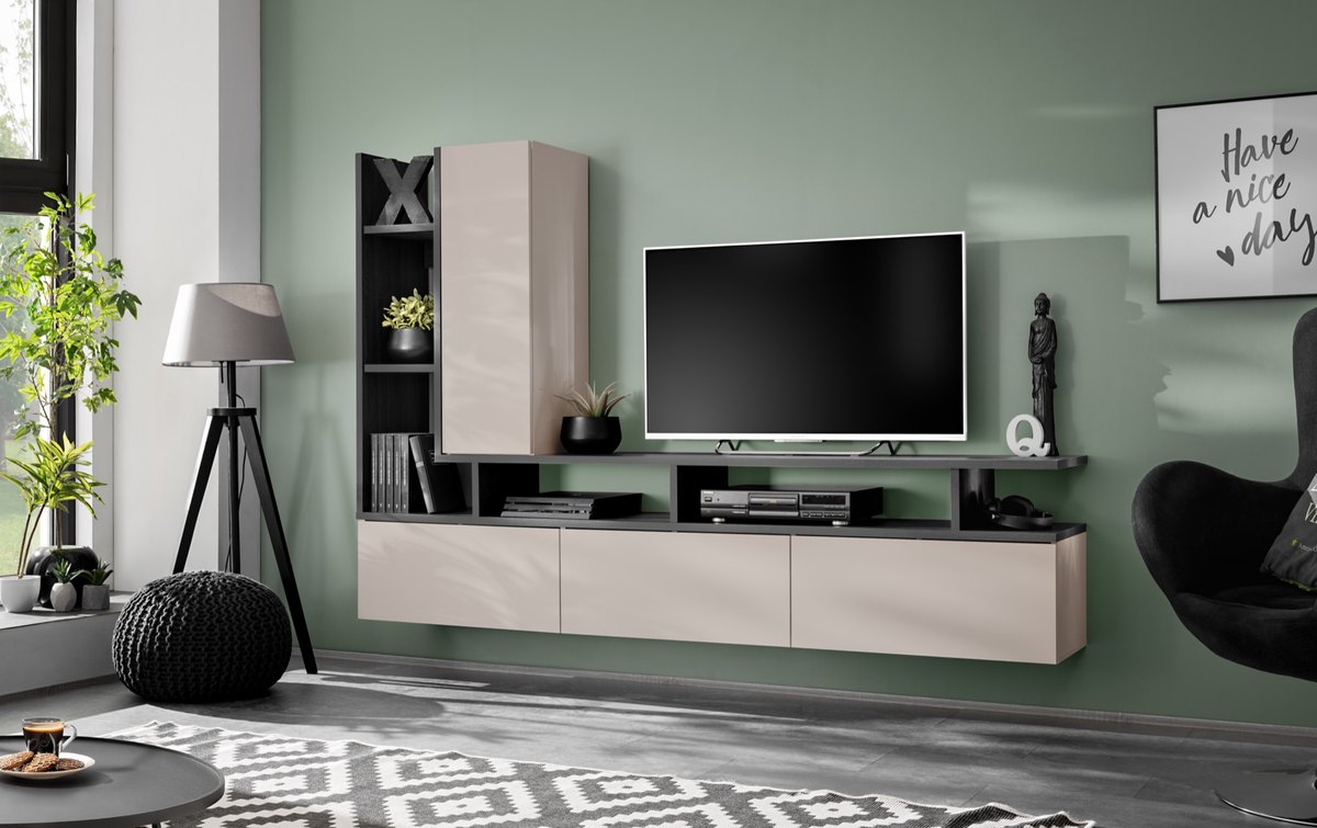 Ensemble TV mural Tytan – chêne graphite et cachemire – 210 x 35 x 140 cm