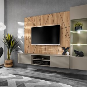 Ensemble TV mural Xari G – gris argile, chêne artisan – 200 x 35 x 148 cm