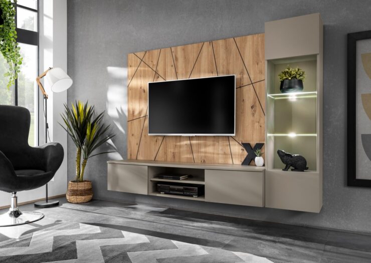 Ensemble TV mural Xari G – gris argile, chêne artisan – 200 x 35 x 148 cm