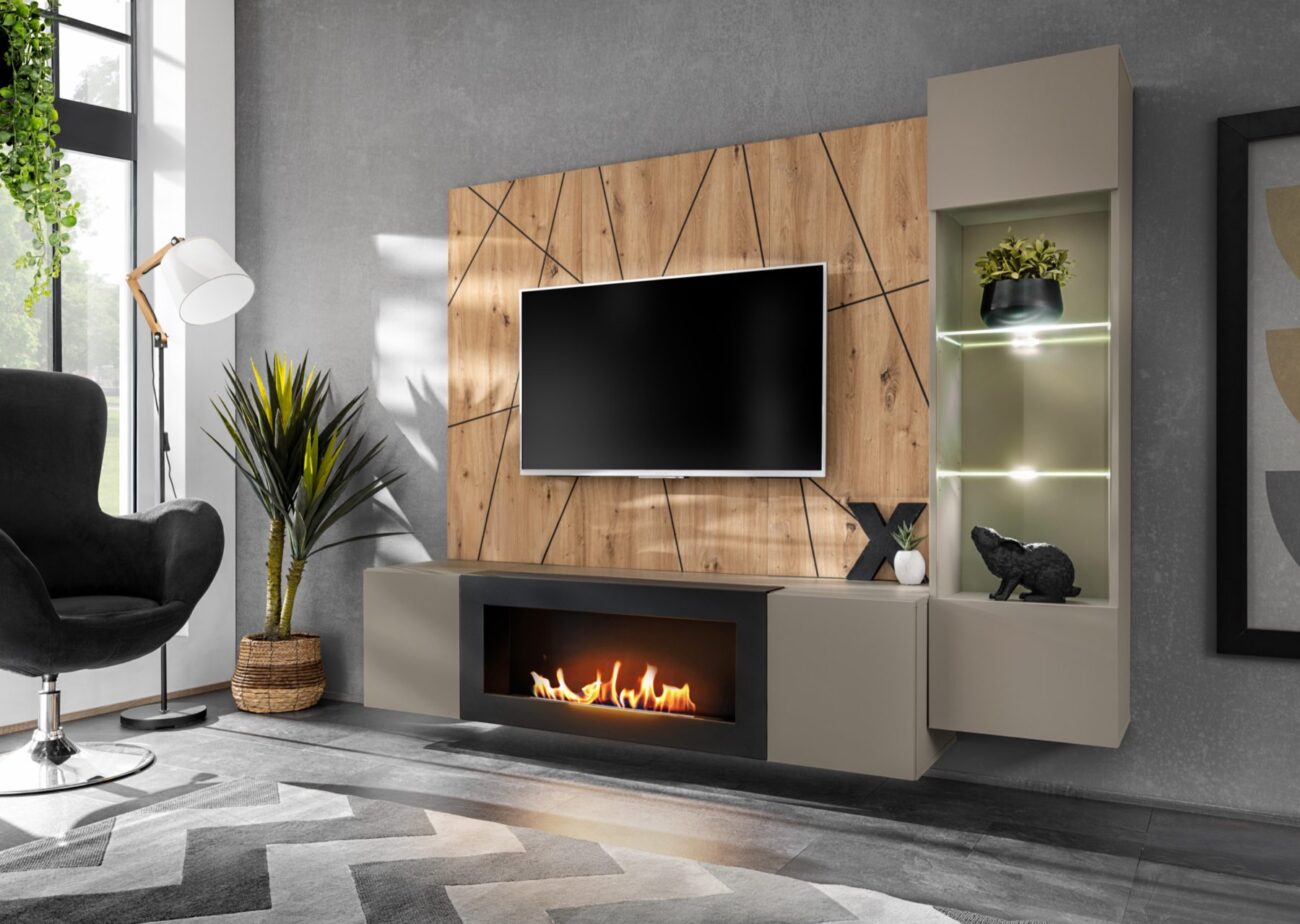 Ensemble TV mural Xari G-K – gris argile, chêne artisan – 200 x 40 x 158 cm