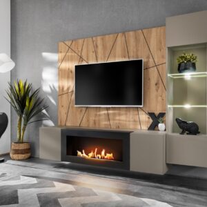 Ensemble TV mural Xari G-K – gris argile, chêne artisan – 200 x 40 x 158 cm