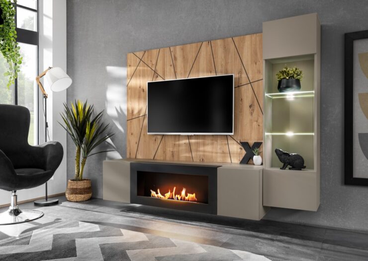 Ensemble TV mural Xari G-K – gris argile, chêne artisan – 200 x 40 x 158 cm