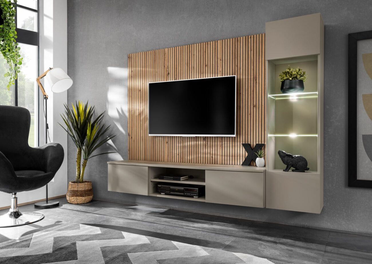 Ensemble TV mural Xari L – gris argile, chêne artisan – 200 x 35 x 148 cm