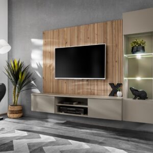 Ensemble TV mural Xari L – gris argile, chêne artisan – 200 x 35 x 148 cm