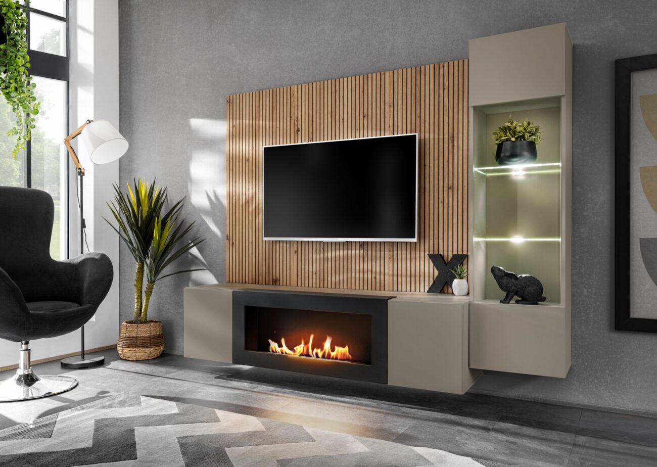 Ensemble TV mural Xari L-K – gris argile, chêne artisan – 200 x 40 x 158 cm