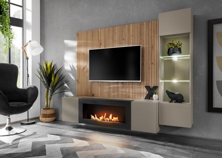 Ensemble TV mural Xari L-K – gris argile, chêne artisan – 200 x 40 x 158 cm