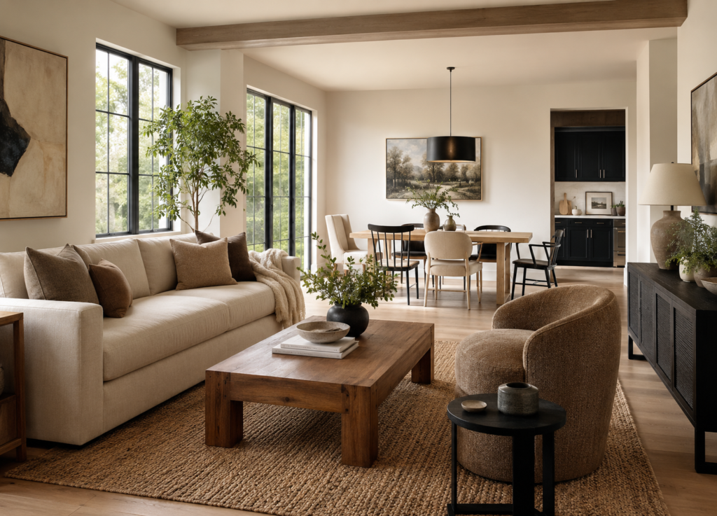Salon harmonieux avec canapé, fauteuil, table basse et meubles dépareillés
