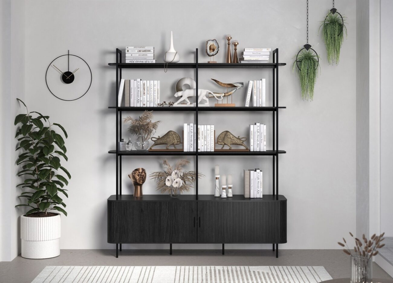 Bibliothèque noire Ronin avec meuble bas et étagères ouvertes dans un intérieur moderne