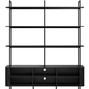Bibliothèque Ronin noire ouverte avec compartiments de rangement dans le meuble bas