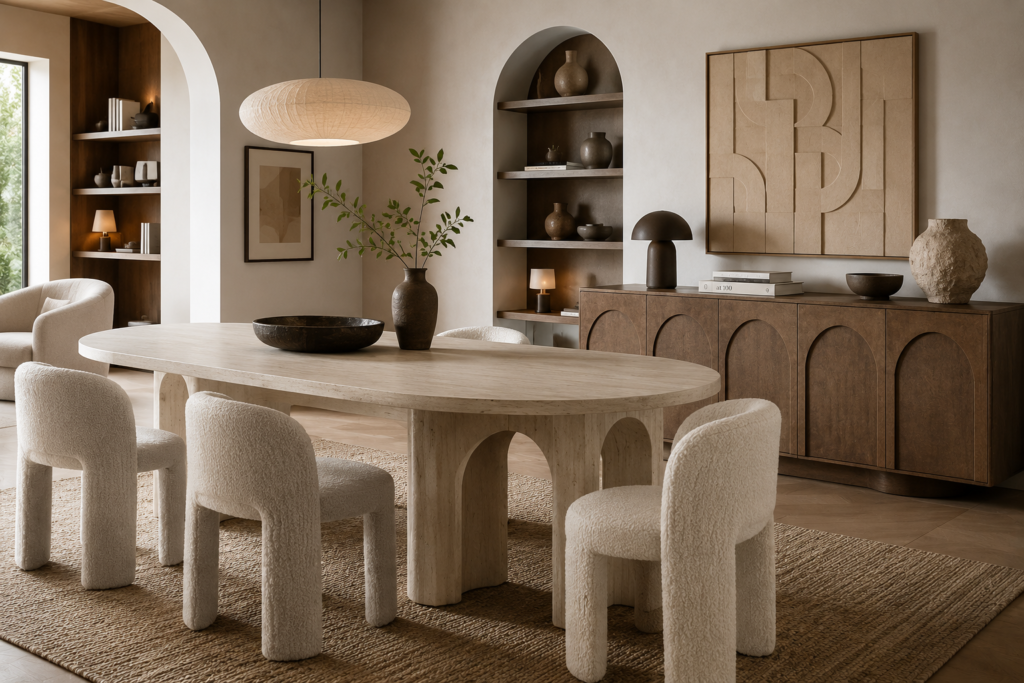 Salle à manger contemporaine avec table sculpturale au piètement architectural et buffet aux formes arrondies